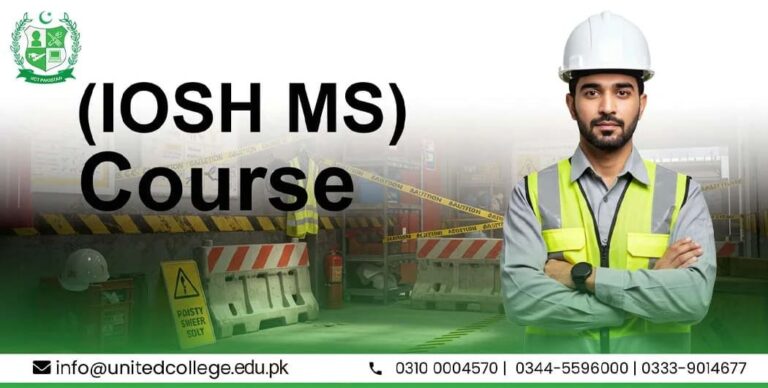 A man in a green jacket and white helmet standing, and his left side text written " IOSH MS Course