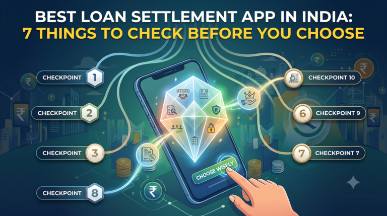 "An infographic titled ‘BEST LOAN SETTLEMENT APP IN INDIA: 7 THINGS TO CHECK BEFORE YOU CHOOSE.’ It features a smartphone with a glowing multi-faceted gem and various security and financial icons on screen. Seven 'Checkpoints' (numbered but mostly text-free) are linked by glowing lines to the gem, arranged in an arc. Below the phone, a hand hovers over a 'CHOOSE WISELY' button. Stacked coins and Indian rupee symbols (₹) are scattered in the background. The style is modern digital illustration."