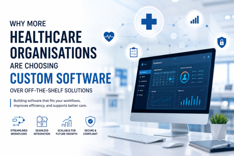 Custom Healthcare Software Development dashboard for healthcare organisations improving workflows, system integration, scalability, and patient care.