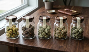 Five_premium_cannabis_strains_with_distinct_green_purple_and_frosted_buds_displayed_in_elegant_glass_jars_with_wooden_lids_on_a_dark_wood_table._5b91ded5-997a-4955-af4c-44f8da77fdb5