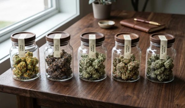 Five_premium_cannabis_strains_with_distinct_green_purple_and_frosted_buds_displayed_in_elegant_glass_jars_with_wooden_lids_on_a_dark_wood_table._5b91ded5-997a-4955-af4c-44f8da77fdb5