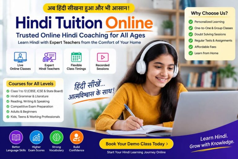 Join Hindi Tuition Online with Free Demo Class. Learn from experienced Hindi teachers through live interactive classes for CBSE, ICSE, State Board, and competitive exam preparation.
