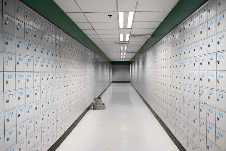 "Business owner storing important documents securely in a safe deposit box vault"