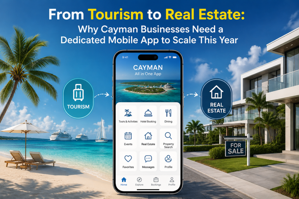 Dedicated mobile app for Cayman tourism and real estate businesses, connecting tourism services, property listings, bookings, and customer engagement.