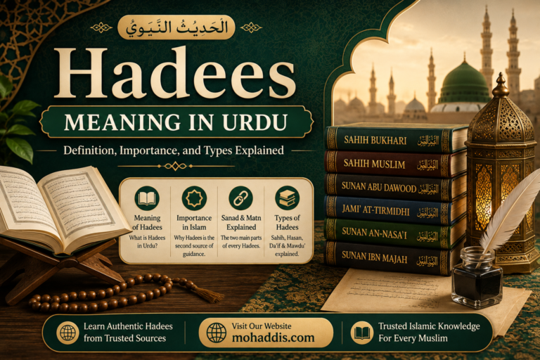 Hadees Meaning in Urdu – definition, importance, Sanad and Matn, types of Hadees including Sahih, Hasan, Da'if and Mawdu', and famous Hadith books, presented in an Islamic educational design for Mohaddis.com.