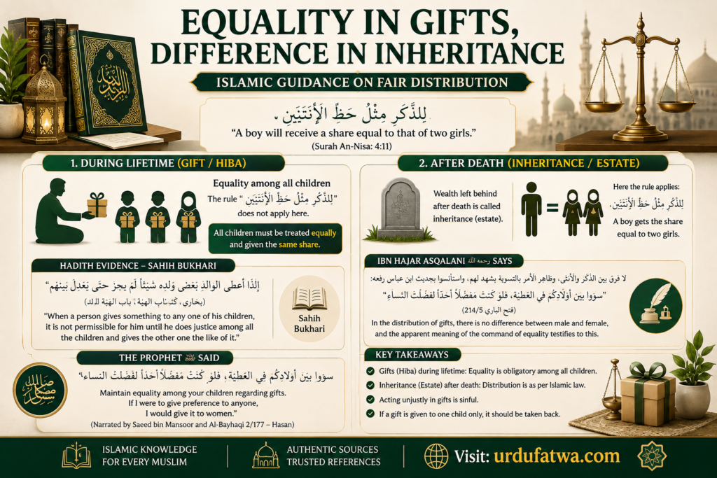 Islamic educational infographic explaining equality in gifts (Hiba) among children during a parent’s lifetime and the difference between lifetime gifts and inheritance after death, with Qur’anic guidance, Sahih Bukhari Hadith evidence, scholarly references, and key Islamic rulings on fair distribution of property.