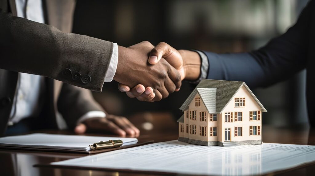 successful real estate transaction, realtor and buyer shaking hands generative ai