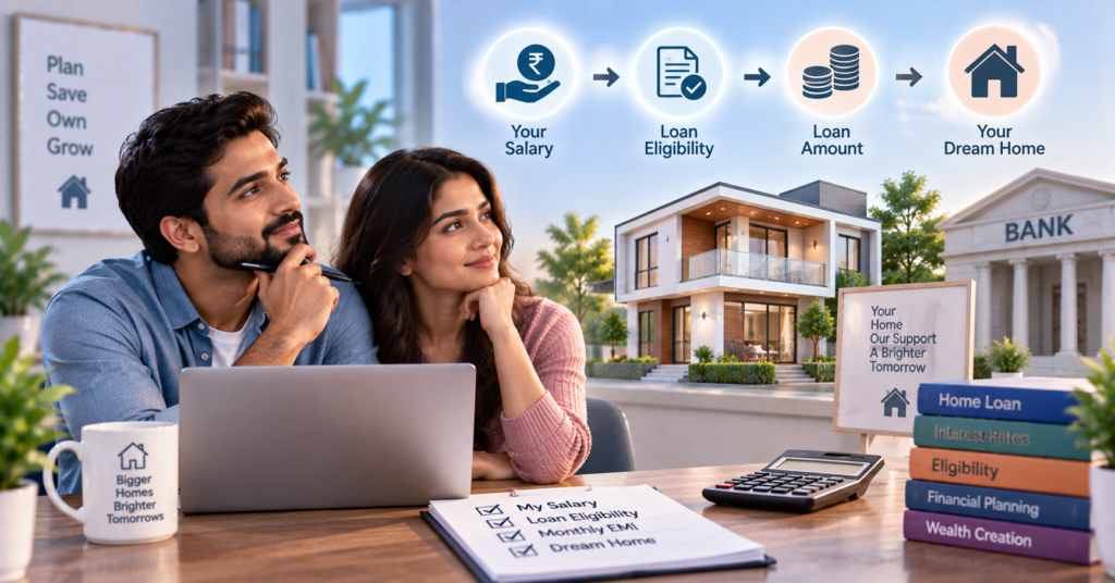 Illustration showing how salary, loan eligibility, and income affect the home loan amount a borrower may qualify for.