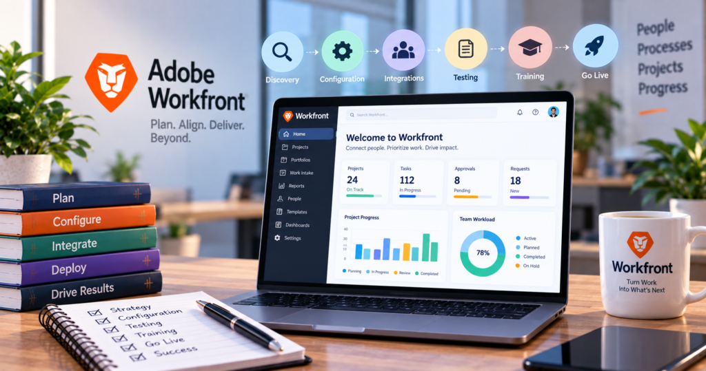 Adobe Workfront implementation dashboard showing project management workflows, configuration, integrations, testing, training, and go-live stages.