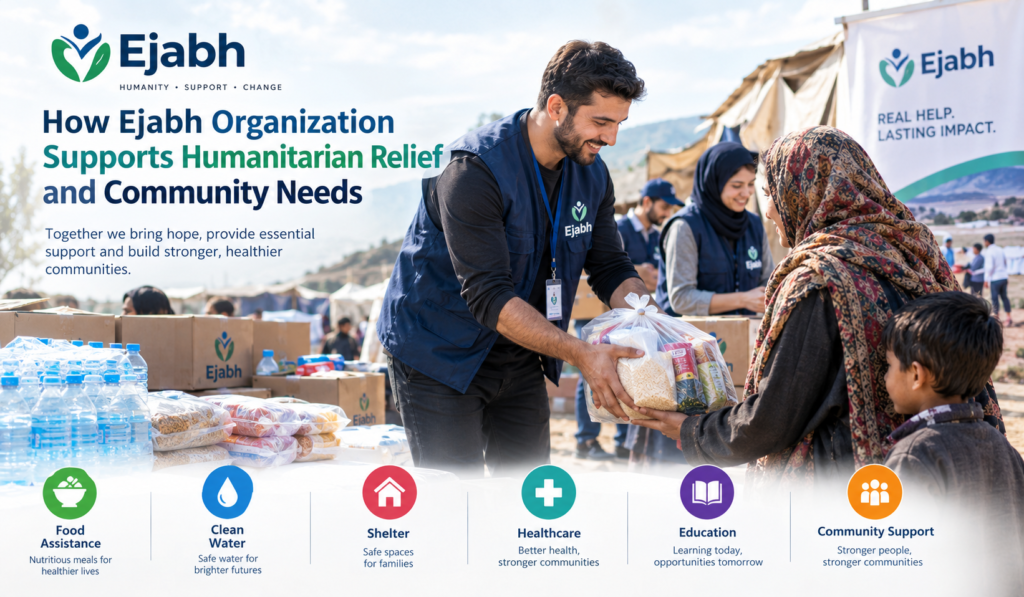 Learn how Ejabh Organization supports vulnerable communities through humanitarian aid, food, water, education, shelter, and emergency relief initiatives.