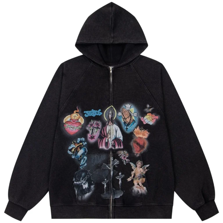 Righteous Craft All-Over Graphic Waffle Zip-Up Hoodie - Black