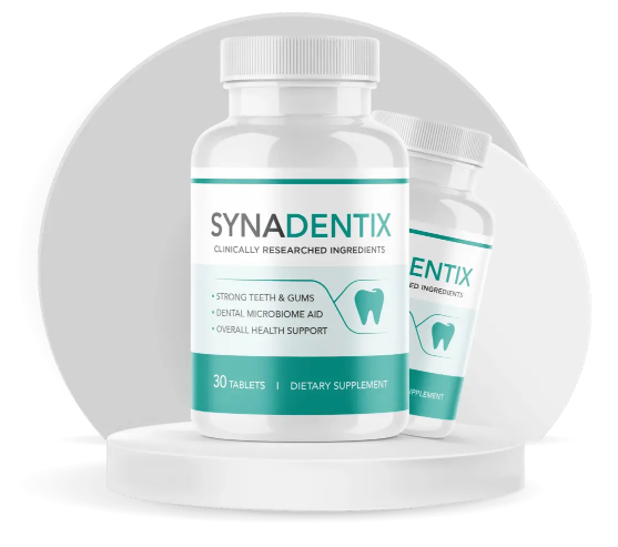 Synadentix oral health supplement bottle for daily teeth and gum care.