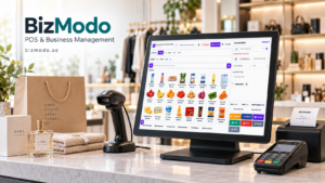 BizModo POS screen with grocery grid
