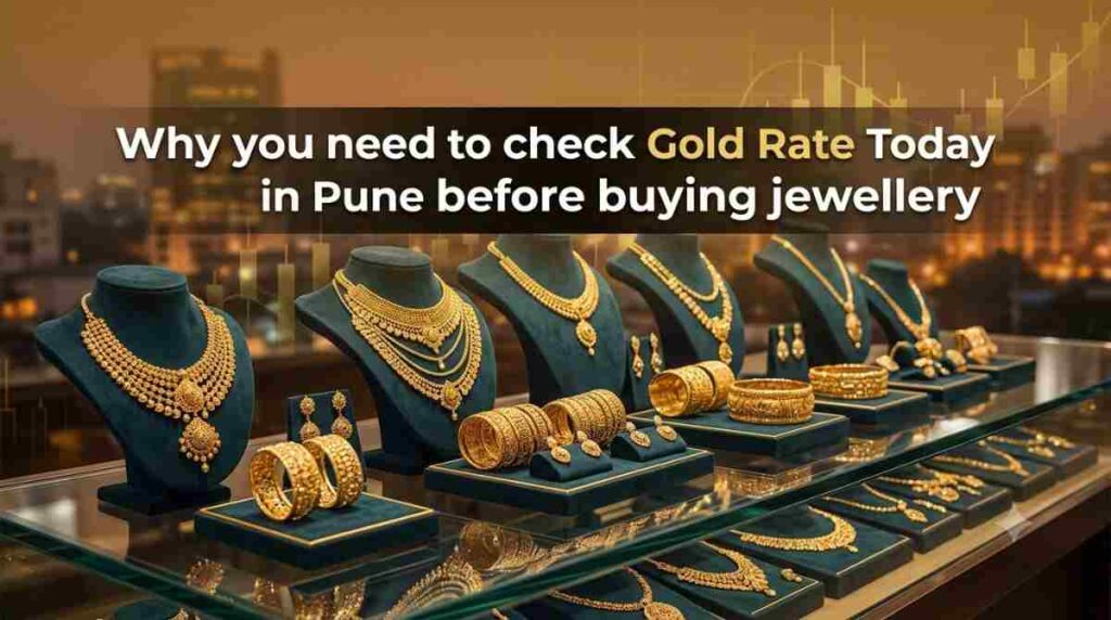 Gold jewellery displayed in a Pune store with gold rate reference
