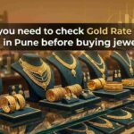 Gold jewellery displayed in a Pune store with gold rate reference