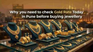 Gold jewellery displayed in a Pune store with gold rate reference