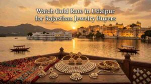 Gold jewelry displayed in a Udaipur jewelry store, illustrating gold-rate monitoring for Rajasthan buyers