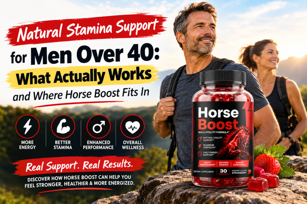 Horse Boost strawberry gummies bottle beside a hiking man, natural stamina support for men over 40