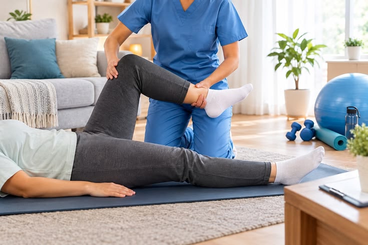 Physiotherapist helping a patient with a knee exercise for mobility problems in Chigwell