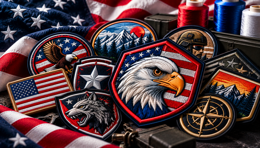 Custom embroidered patches made in USA featuring American flags, eagle designs, military artwork, mountain landscapes, and patriotic symbols.
