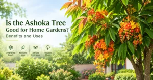 Ashoka tree with vibrant orange and yellow flowers in a home garden, highlighting its benefits and ornamental beauty.