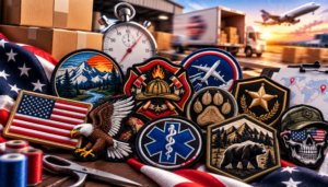 Custom embroidered patches made in USA featuring military, aviation, firefighter, American flag, and outdoor designs.