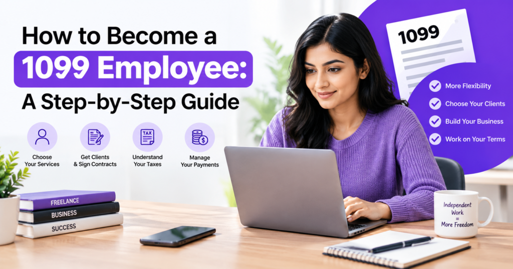 How to become a 1099 employee with steps for finding clients, signing contracts, managing taxes, and handling payments.