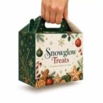 Christmas treat box with a festive winter design, gingerbread cookies, ornaments, and a convenient carrying handle.