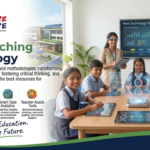 New teaching technology in a modern classroom with a teacher using a smart board