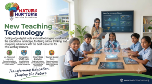 New teaching technology in a modern classroom with a teacher using a smart board