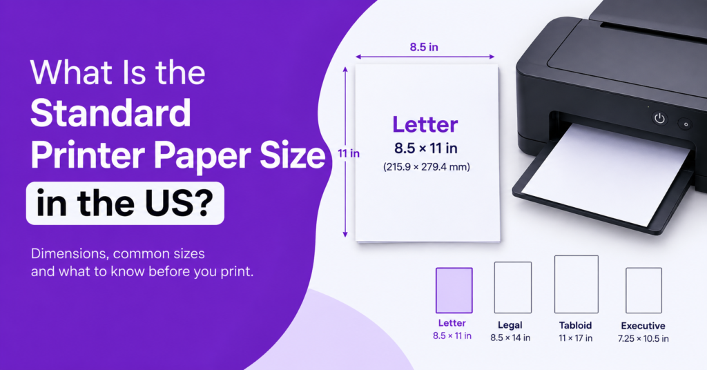 Standard US printer paper size guide showing Letter paper dimensions of 8.5 × 11 inches, with comparisons of Legal, Tabloid, and Executive paper sizes.