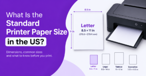 Standard US printer paper size guide showing Letter paper dimensions of 8.5 × 11 inches, with comparisons of Legal, Tabloid, and Executive paper sizes.